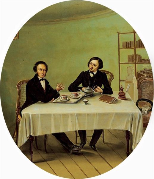 Pushkin And Gogol Oil Painting by Nikolai Alekseev