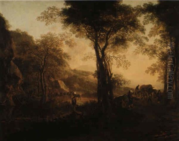 An Italianate Landscape With Travellers On A Road Oil Painting by Jan Dirksz. Both