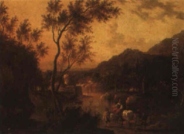 Italianate River Landscape With Travellers On A Path Oil Painting by Jan Dirksz. Both