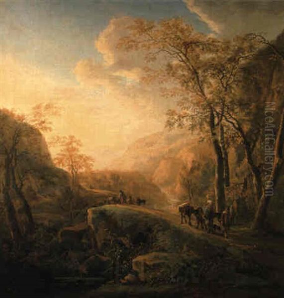 An Italianate Landscape With Muleteers On A Path By A Waterfall Oil Painting by Jan Dirksz. Both