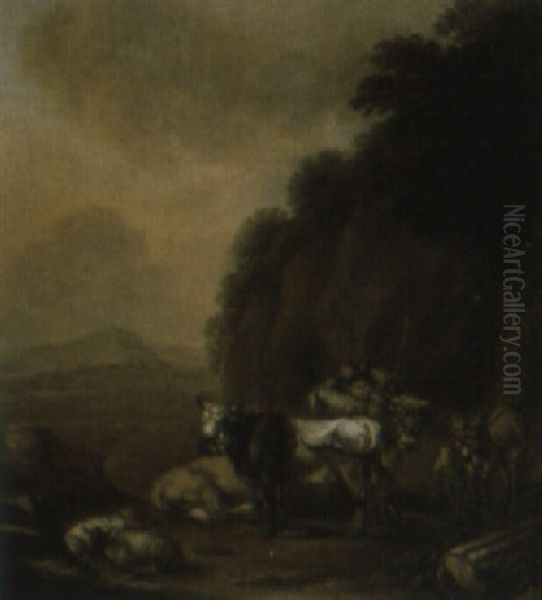 Italianate Landscape With Drover Resting By Flock Oil Painting by Jan Dirksz. Both