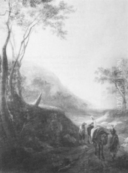 A Rocky Wooded Landscape With                               Peasants And A Donkey On A Track Oil Painting by Jan Dirksz. Both