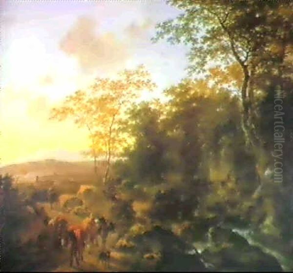 Italianate Landscape With Drovers And Mules On A Path       Beside A Torrent Oil Painting by Jan Dirksz. Both