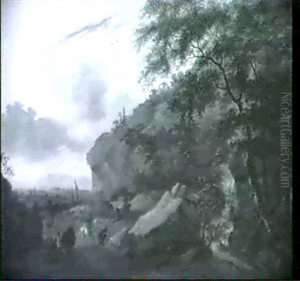 Raububerfall In Waldlandschaft Mit Einem Wasserfall Rechts  Hinter Baumen Oil Painting by Jan Dirksz. Both