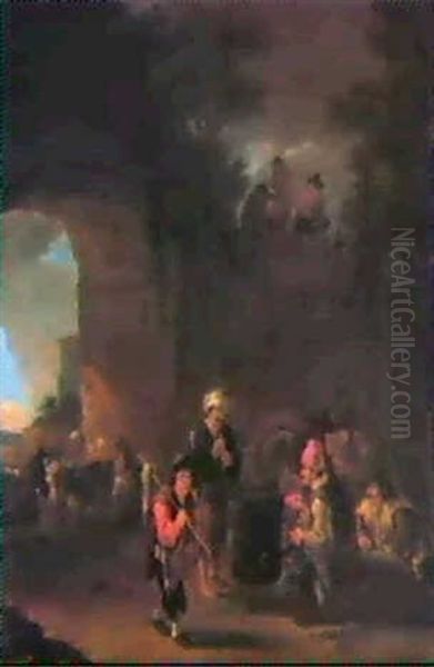 An Encampment Under A Stone Archway With Peasants Roasting  Chestnuts Before A Coal Stove Oil Painting by Jan Dirksz. Both