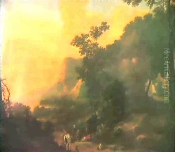 A Mountainous Italianate Landscape With A Horseman And      Peasants Resting At Sunset Oil Painting by Jan Dirksz. Both