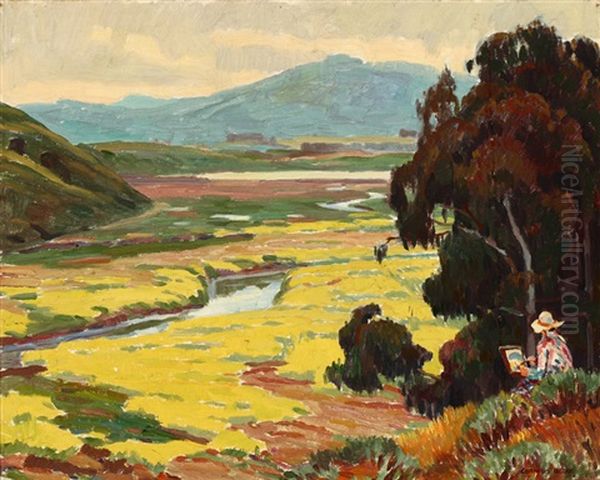 Mustard Fields, Morro Bay, Jessie Arms Botke At Her Easel Oil Painting by Cornelis Botke