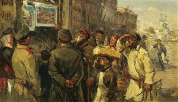 Neuste Nachrichten. Buntes Treiben Vor Dem Aushang Eines Tageblattes Oil Painting by Mikhail Petrovich Botkin