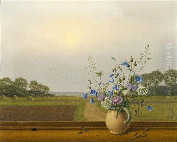 Wiesenblumenstraus Im Krug Mit Biene Vor Fenster Oil Painting by Herbert Boettger