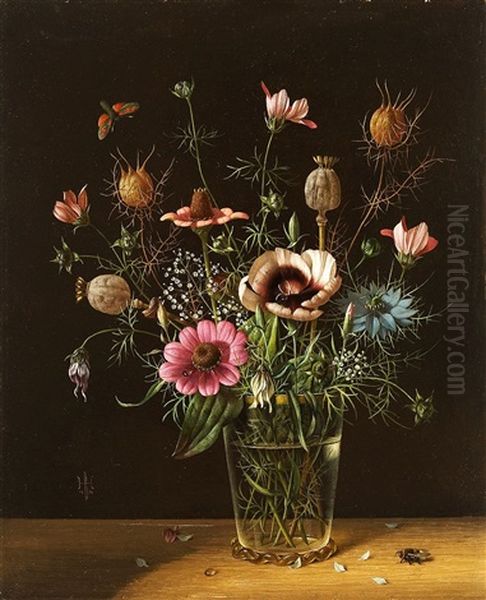 Blumenstilleben Mit Fliege Und Falter Oil Painting by Herbert Boettger