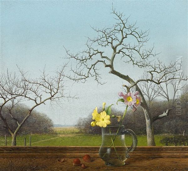 Blumenstillleben Mit Haselnussen Vor Fenster Oil Painting by Herbert Boettger