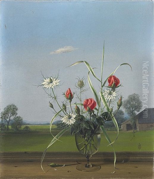 Blumenstillleben Vor Fenster Oil Painting by Herbert Boettger