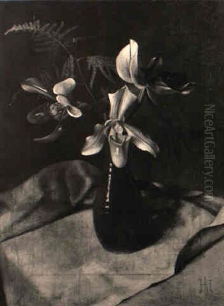 Stilleben (blaue Vase Mit Orchideen Und Farn) Oil Painting by Herbert Boettger