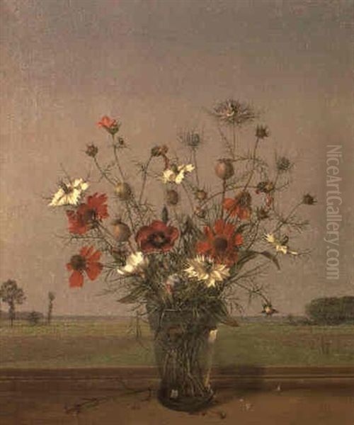 Still Life Of Flowers In A Landscape Oil Painting by Herbert Boettger