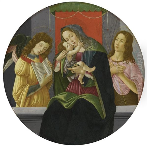 The Madonna And Child Enthroned With Saint John The Baptist And An Angel (collab. W/workshop) Oil Painting by Sandro Botticelli