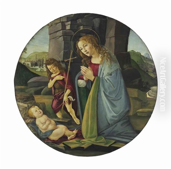 The Madonna Adoring The Christ Child With The Young Saint John The Baptist (in Collab. W/studio) Oil Painting by Sandro Botticelli