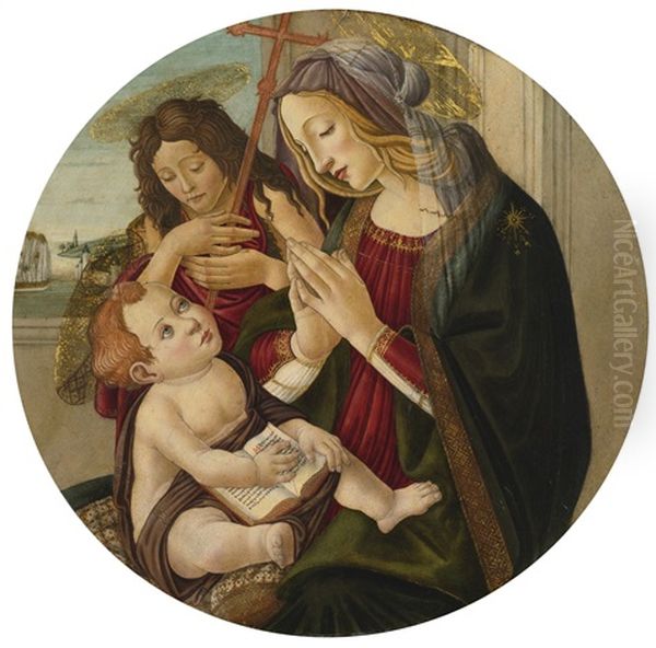 Madonna And Child With The Infant Saint John The Baptist, Seated By A Window, An Extensive Landscape Beyond Oil Painting by Sandro Botticelli