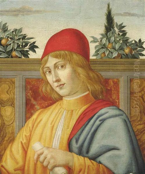 Portrait Of A Young Man, Bust-length, Possibly Piero Lorenzo De Medici (1492-1519, In A Yellow Cloak And Red Hat, A Scroll In His Left Hand Oil Painting by Sandro Botticelli