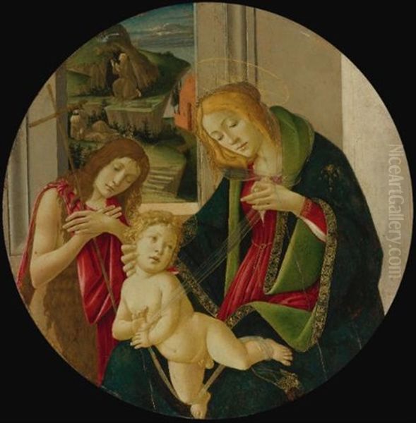 Madonna And Child With The Young Baptist, Saint Francis Receiving The Stigmata In The Distance (collab. W/studio) Oil Painting by Sandro Botticelli