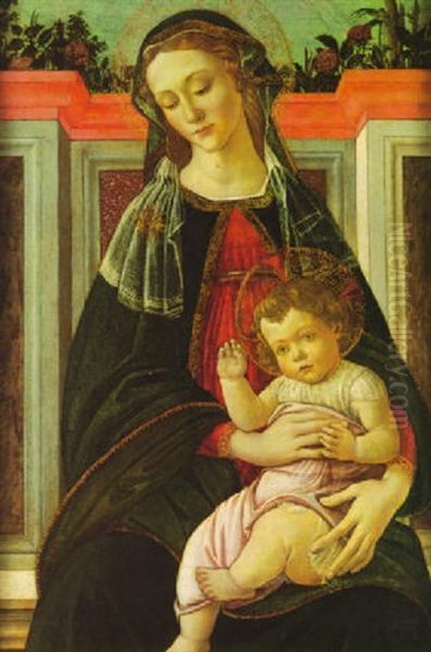 Madonna And Child Seated In A Marble Niche With Roses       Growing Behind Oil Painting by Sandro Botticelli