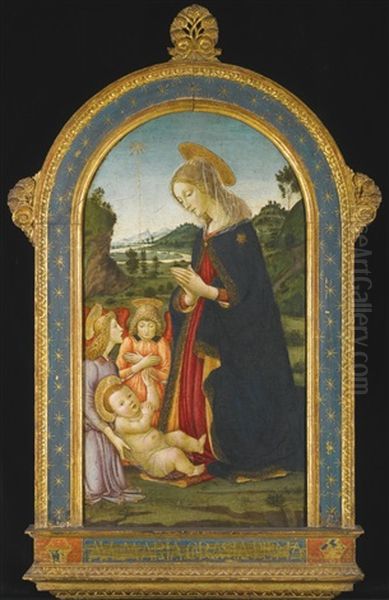 Madonna And Two Angels Adoring The Christ Child Oil Painting by Francesco Botticini