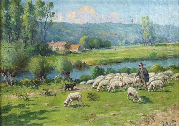 Shepherd And His Flock Oil Painting by Mederic Bottin