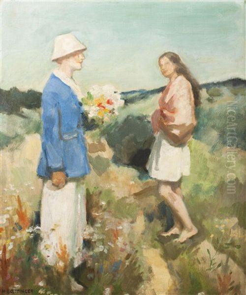 Picking Flowers Oil Painting by Hugo Boettinger