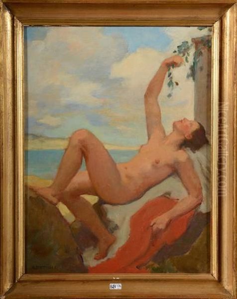 Femme Nue Allongee Sur Une Terrasse En Bord De Mer Oil Painting by Hugo Boettinger