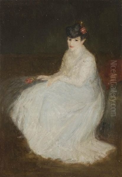 Femme Assise En Blanc A La Rose Oil Painting by Georges Alfred Bottini