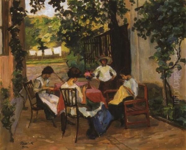 (delutani Piheno) Varro Nok - Women Embroidering, Afternoon Rest Oil Painting by Jozsef Bottlik