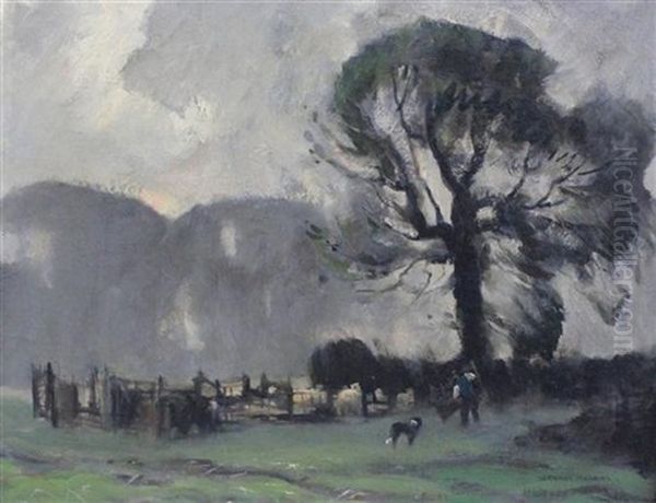 Following Sheep, September Morning Oil Painting by Albert Ernest Bottomley