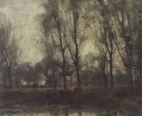 Cattle At A Woodland Pool Oil Painting by Albert Ernest Bottomley