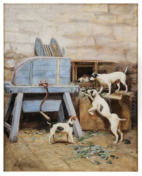 Jack Russell Terriers With A Caged Rabbit Oil Painting by Edwin Bottomley