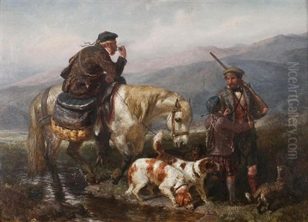 Sportsmen By A River Oil Painting by John William Bottomley