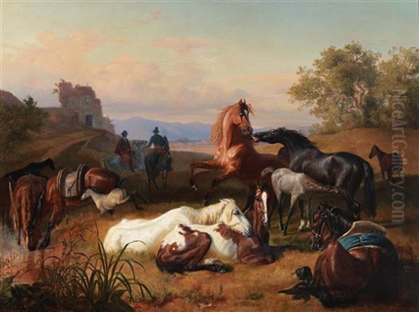 Butteros With Horses In The Roman Campagna by John William Bottomley