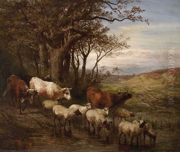 Kuhe Und Schafe Am Wasser Oil Painting by John William Bottomley