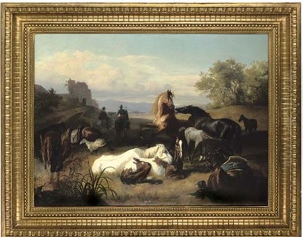 A Herd Of Horses Grazing In The Roman Campagna Oil Painting by John William Bottomley