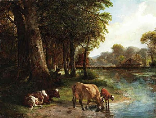 Cows Watering By The River's Edge Oil Painting by John William Bottomley