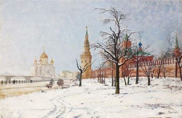 En Bas Du Kremlin - La Moscova, Dans Le Fond La Cathedrale Saint-sauveur Oil Painting by Paul Louis Bouchard