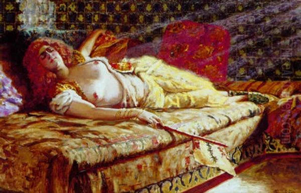 Odalisque Aux Babouches Vertes Oil Painting by Pierre Francois Bouchard