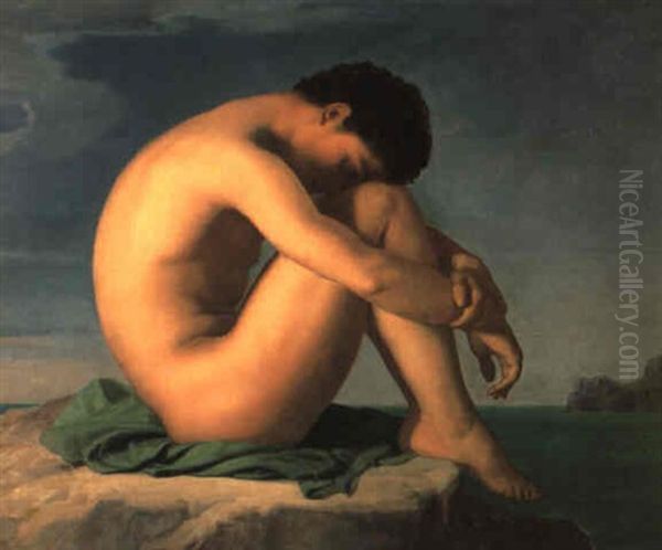 Jeune Homme Nu Assis Sur Un Rocher: Figure D'etude Oil Painting by Pierre Francois Bouchard