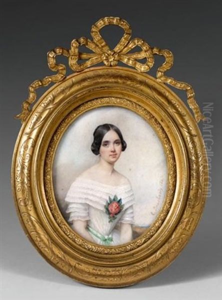 Portrait De Jeune Femme En Robe Blanche Ornee D'un Carnelia Oil Painting by Etienne Bouchardy