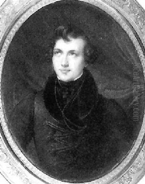 Joseph (alfred) Quidant Before A Red Curtain Background, Wearing Frogged Black Coat And Black Stock Oil Painting by Etienne Bouchardy