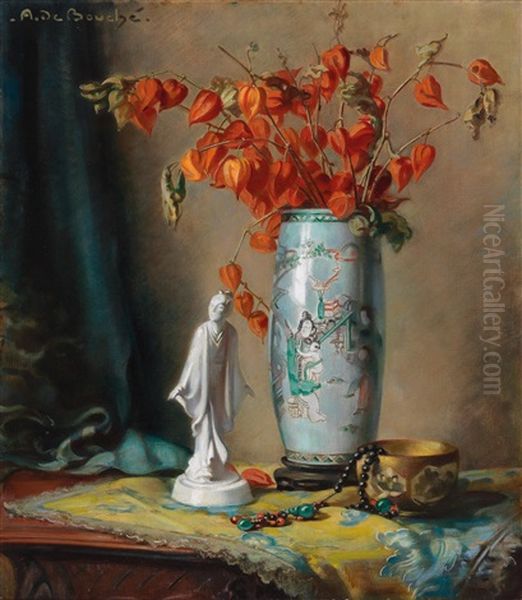 Still Life With Japanese Vase And Figurine Oil Painting by Arnulf De Bouche