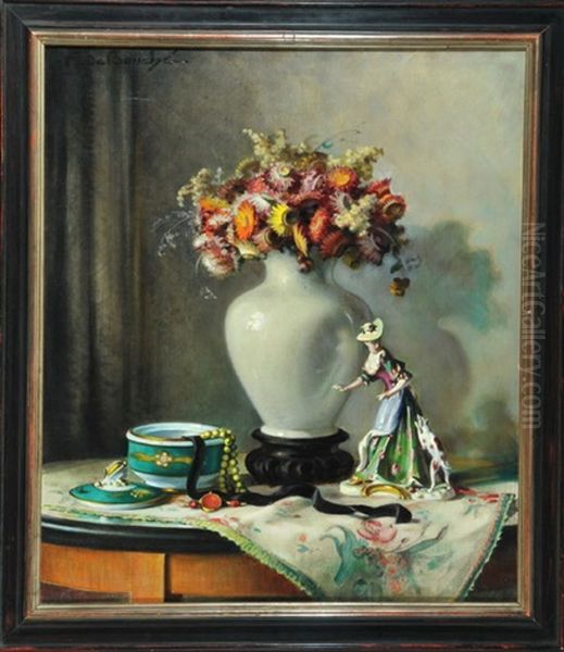 Stillleben Mit Blumenvase Und Porzellanfigur Oil Painting by Arnulf De Bouche