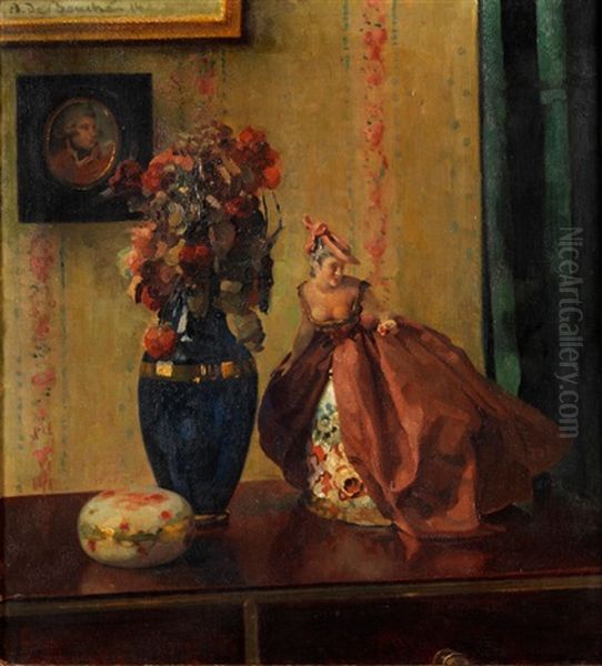 Stilleben Mit Blumenvase Und Damenpuppe Oil Painting by Arnulf De Bouche