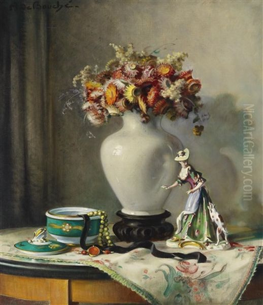 Stillleben Mit Blumen In Vase Und Porzellanfigur Oil Painting by Arnulf De Bouche