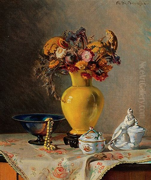 Stilleben Mit Trockenblumen In Gelber Vase, Porzellandosen Und Jugendstilschale Oil Painting by Arnulf De Bouche