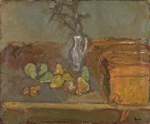 Noix, Poires, Fleurs Et Valise Oil Painting by Georges Bouche