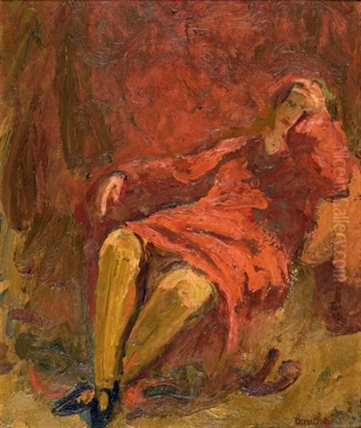 Femme Assise A La Robe Rouge, Portrait Presume D'emilie Charmy, Epouse De L'artiste Oil Painting by Georges Bouche